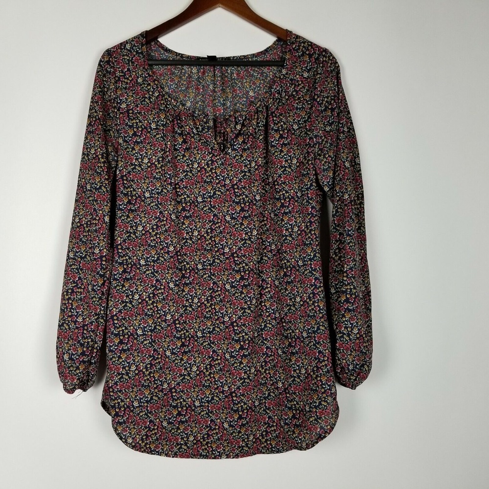 Living Doll Women's Top‎ Size M Navy Blue Floral Boho Keyhole Front Long Sleeve